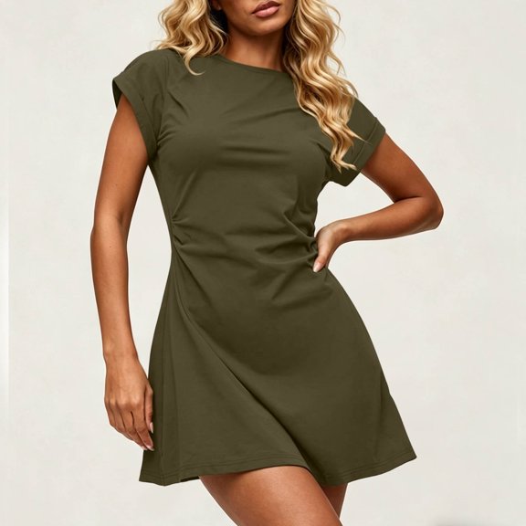 Dolkfu Petal Summer&Fall Dresses for Women 1/4sleeve Mini Green Crew Neck A-Line Dresses Casual Slim Solid Modern Dresses Army Green,L