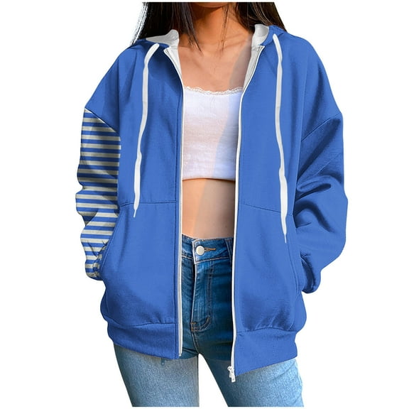 Zip Up Hoodie for Womens Pullover Fashion Plus Size Stripe Pockets Zipper Long Sleeved Regular Top Hooded Sweatshirts Coat Outwear