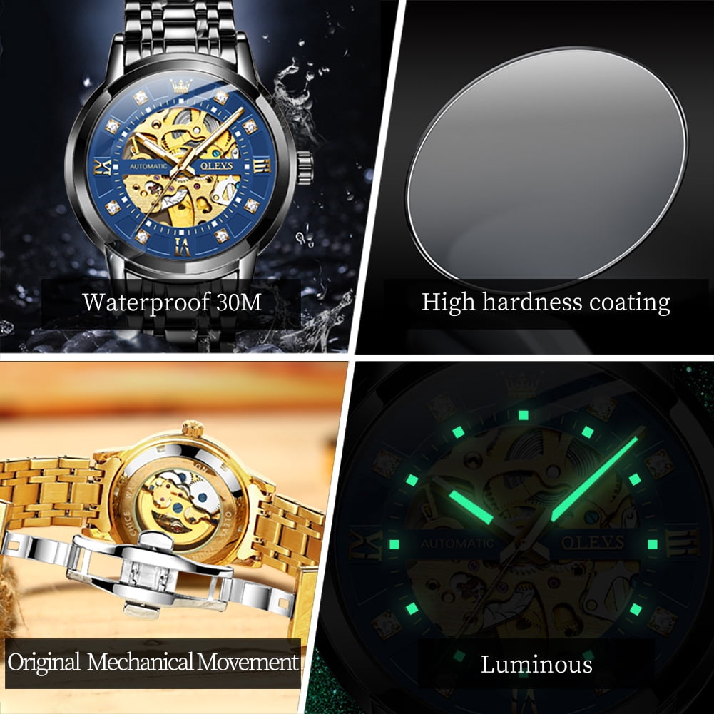 OLEVS Skeleton Watches for Mens Automatic Mechanical self Winding Diamond Luxury Business Dress Stainless Steel Waterproof Luminous Mens Wrist Watches Reloj Para Hombre Blue/White/Black/Gold Dial