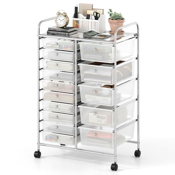 Resenkos 15-Drawer Clear Rolling Storage Trolley with Chrome-Plated Frame - Transparent