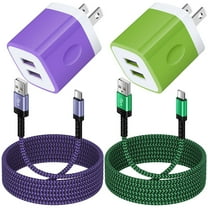 Charger Block,FiveBox 2pcs 2.1A Dual USB Charger Block with 2pcs Android Phone Type C Charger Cable USB C Charging Cable 6ft USB Wall Charger Block USB Brick Fast Charging Block(Purple,Green)