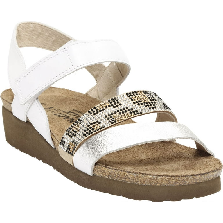 Women s Naot Krista Wedge Strappy Sandal White Pearl Silver Cheetah Leather Rivets 38 N Walmart