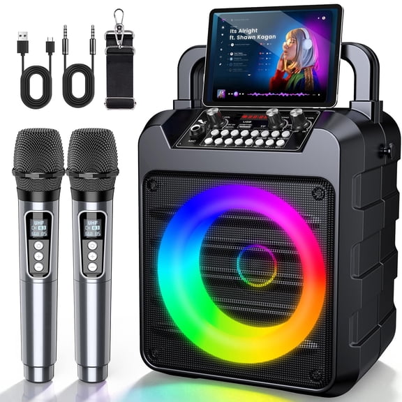 Karaoke Machine for Adults, 20 W Portable Wireless Speaker with 2 Wireless Microphones, LED Light Show, Gift for Adults Home Party Time