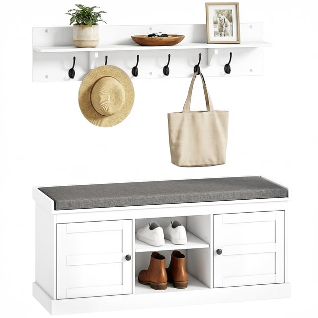 HOMCOM Ensemble de Banc à Chaussures et Portemanteau 2 en 1 avec Rangement, Blanc et Gris