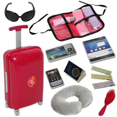 Doll Travel Suitcase with Open and Close Carry on Luggage, Ticket, Passport and 12 Accessories - Travel Set for 18 Inch