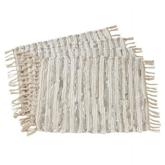 Saro Lifestyle Striped Leather & Cotton Chindi Placemats (Set of 4) - 14"x20" Silver