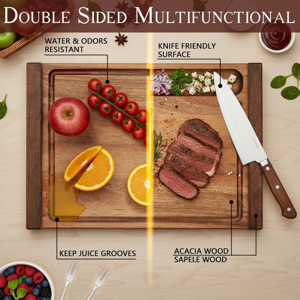 XILAZAB Acacia Wood Cutting & Charcuterie Board​ with Sapele Handles, Dual-Sided, Deep Recessed Well and Juice Grooves, 16.9 x 11.8 x 1.8 Inches, Kitchen Gift