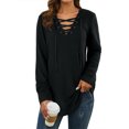 thumbnail image 4 of Nlife Women Lace-Up Long Sleeve Top V Neck Basic Blouse Pullover Tunic Top, 4 of 11