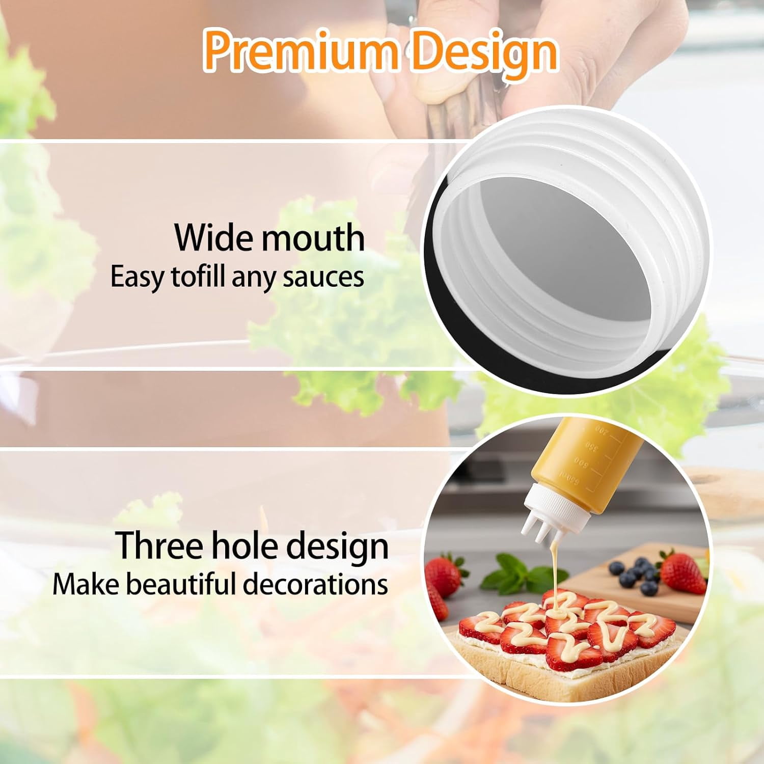 6 Pcs 23oz Plastic 3-Hole Condiment Squeeze Bottles, for Sauces Ketchup Mustard Dressing Oil Honey Syrup, White