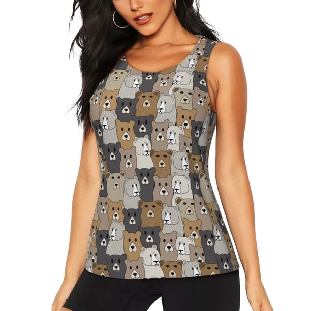 Fotbe Cartoon Bear Blusas Sin Mangas para Mujer – Estilo Casual, Corte Suelto, Slim-Fit, Cuello Redondo Deportivo, Tops de Verano para Gimnasio y Yoga-XX-Large