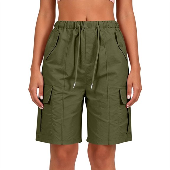 Costeam Womens Cargo Shorts Drawstring Elastic Waist Button Detail with Multi Pockets Loose Fit Knee Length Straight Leg Lightweight Durable Comfortable Utility Short Trousers