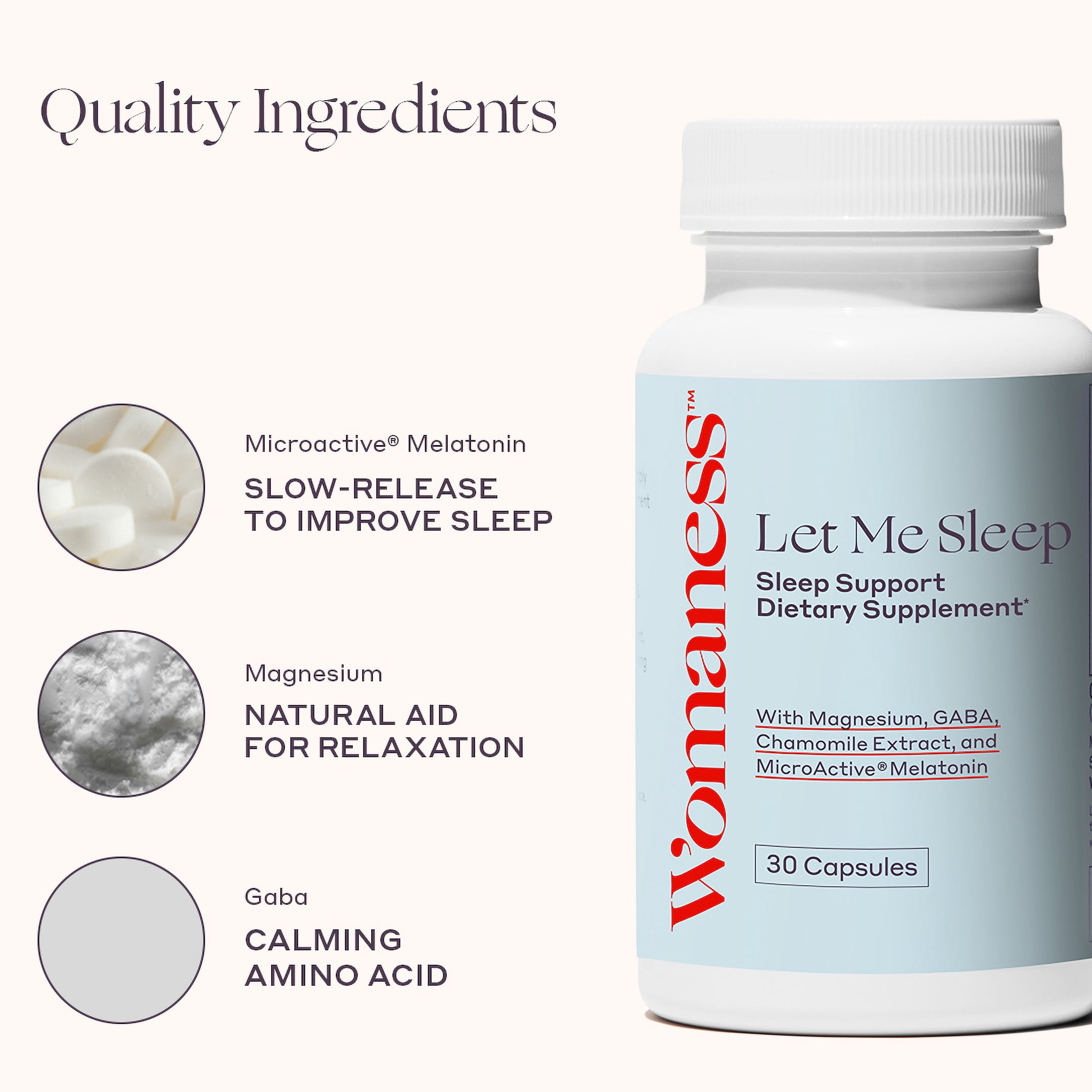 Womaness Let Me Sleep Menopause Sleep Support & Nighttime Support with Magnesium, GABA,Chamomile, & Micro Active Melatonin, 30 Capsules