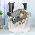 thumbnail image 4 of Kitten Soft Flannel Fleece Blanket, Sleeping Young Girl with Her Cat at Sofa Coffee Cookies Book and Candy Pastel Colors, Cozy Plush for Indoor and Outdoor Use, 70" x 90", Multicolor, by Ambesonne, 4 of 5