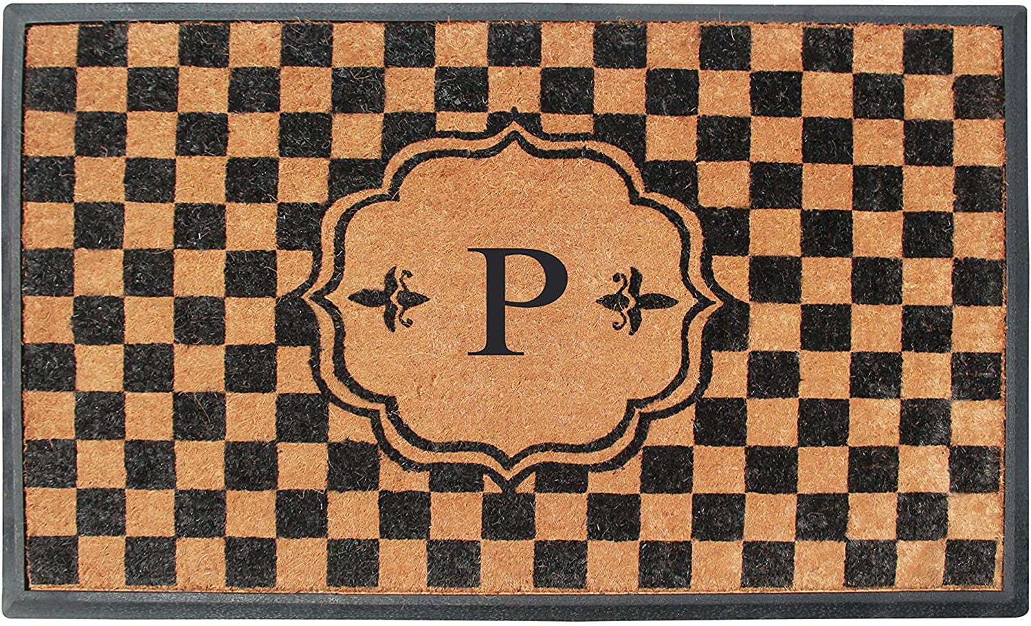 A Checkered Black/Beige A1 Home Collections A1HOME200162-A A1HC Hand-Crafted Rubber and Coir Geometric Pattern Double Door Monogrammed Doormat 30X48