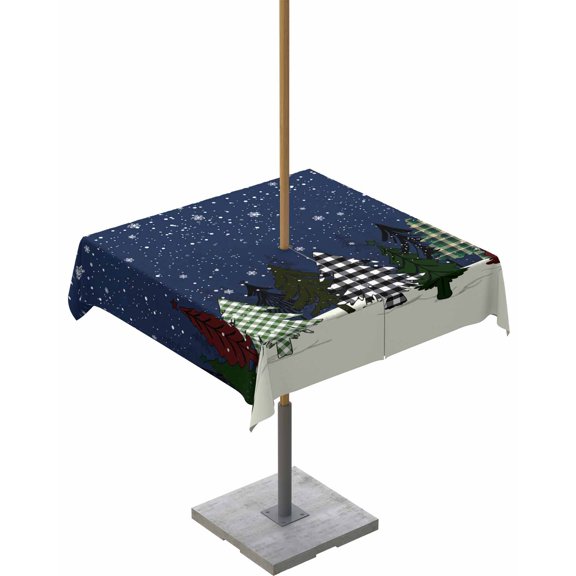 Fsddascl Vintage Blue Christmas Tree Outdoor Tablecloth - 54x54 Inch Square Dining Table Cover, Xmas Tree Snowflake Waterproof Outdoor Table Cloth with Umbrella Hole & Zipper for Picnic/Patio/Party