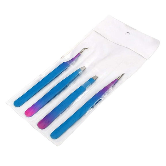OdontoMed2011® Tweezer Pack- 4 Tweezers Set- Ingrown Hair Remover Treatment. Eyebrow Shaper. with Protective Case, Slanted And Pointed Eyebrow Tweezer Set (Sky Blue & Pink)