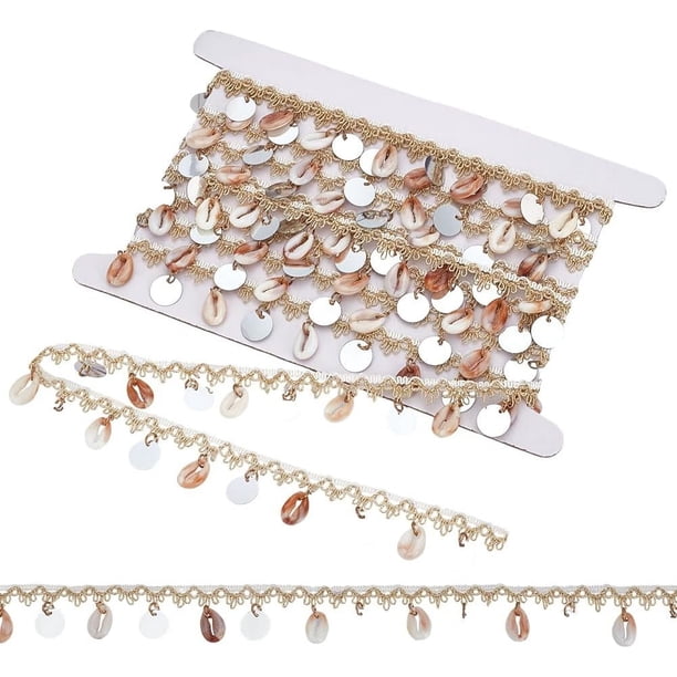 5 yardas de flecos de lentejuelas blancas con forma de concha, adorno de trenza colgante de concha, adorno de borla para coser