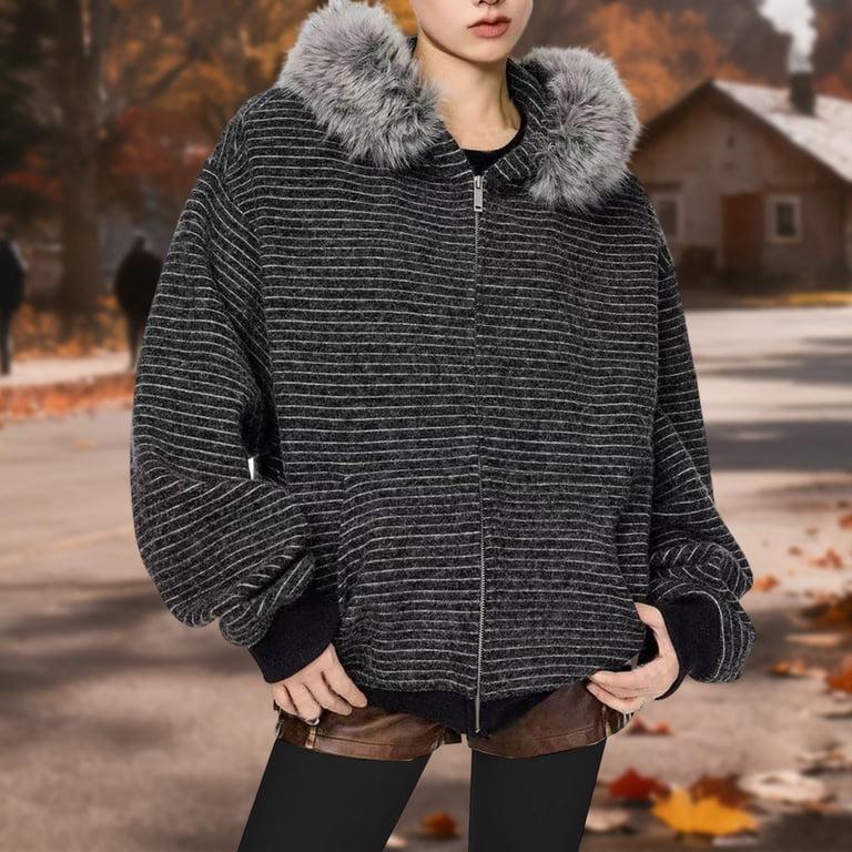 Women's Y2K Striped Faux Fur Collar Zip-Up Hoodie - Vintage
