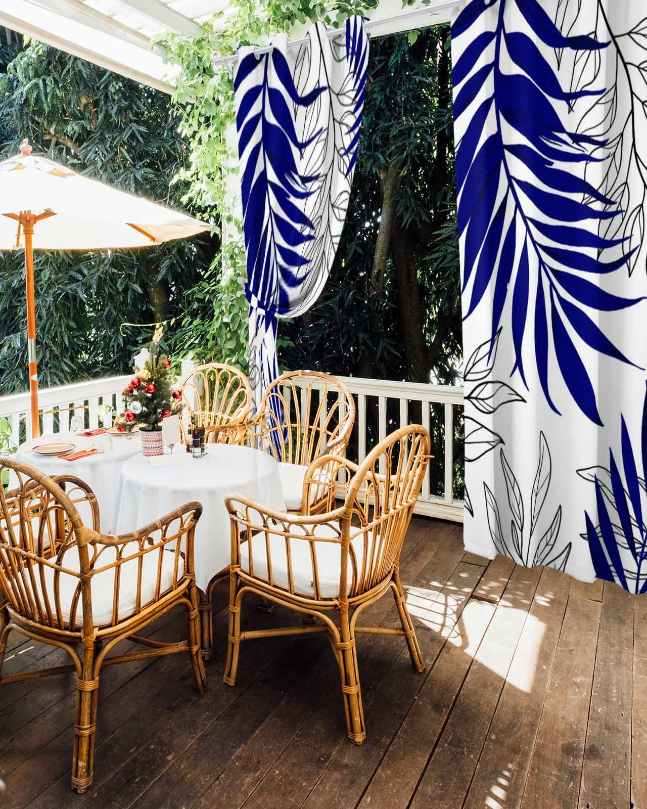 Blue Leaves Outdoor Curtains for Patio, Abstract Modern Geometric Lines Simple Art Privacy Drapes Grommet Waterproof Outside Curtains for Porch/Cabana/Balcony 54"x 84", 2 Panel