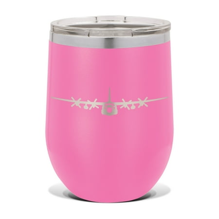 

C-130 Hercules Wine Tumbler 12 oz - Laser Engraved - Polar Camel - Stainess Steel - Vacuum Insulated - Double Walled - Wine Glass - Stemless - Drinkware Clear Lid - c130 military transport - Pink
