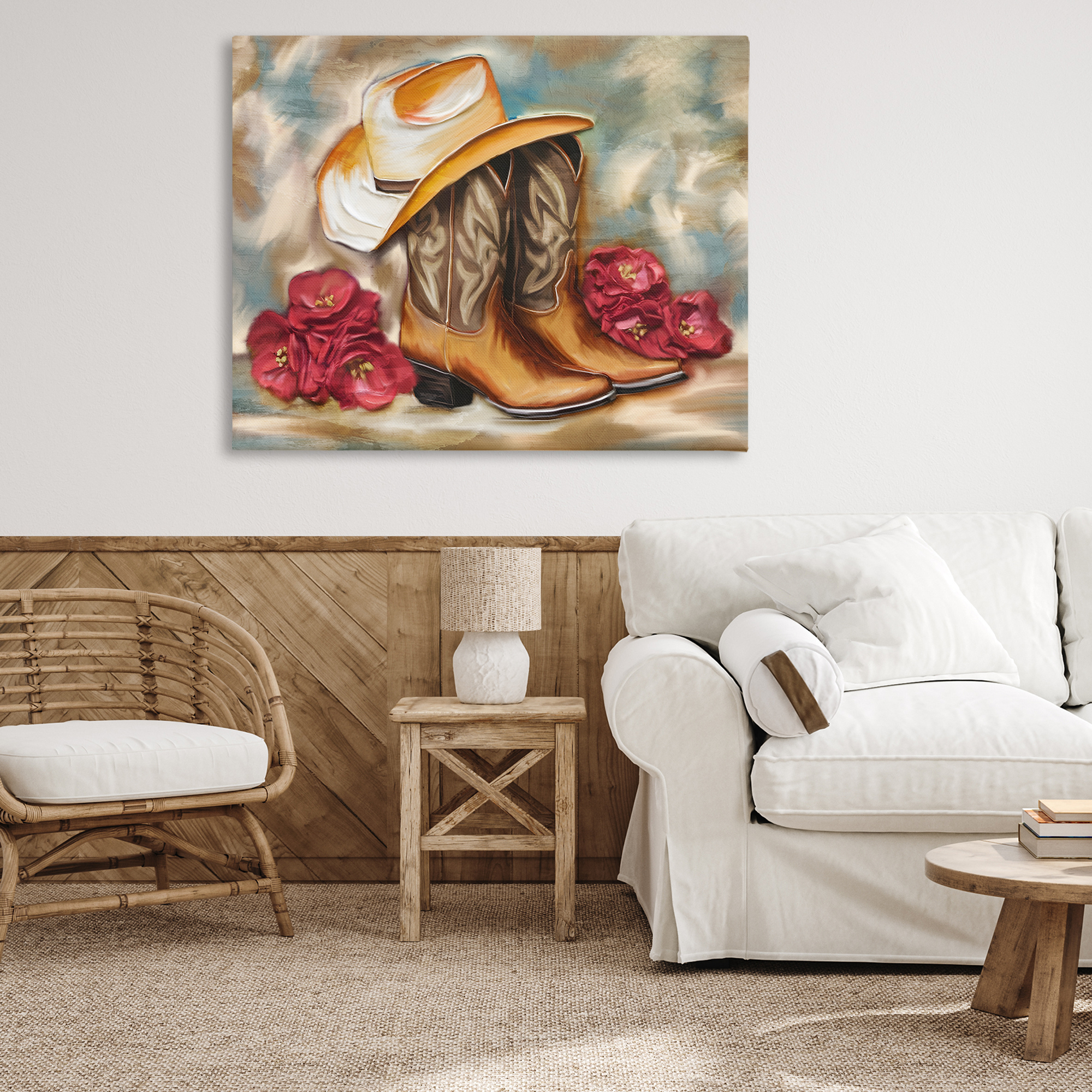 Boots & Floral Bunches Canvas Wall Art, design by Kim Allen