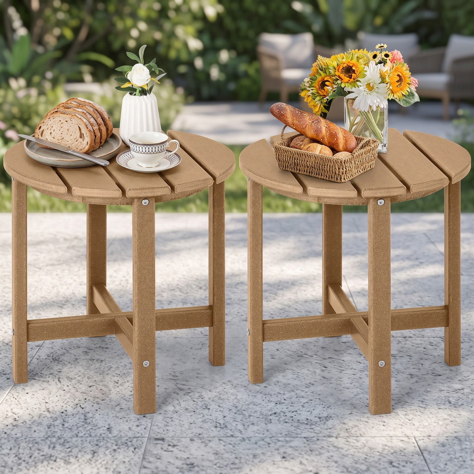 Furnibear Set of 2 18 Inch Round Weather Resistant HDPE Adirondack Side Tables for the Patio Porch Deck and Garden, Brown
