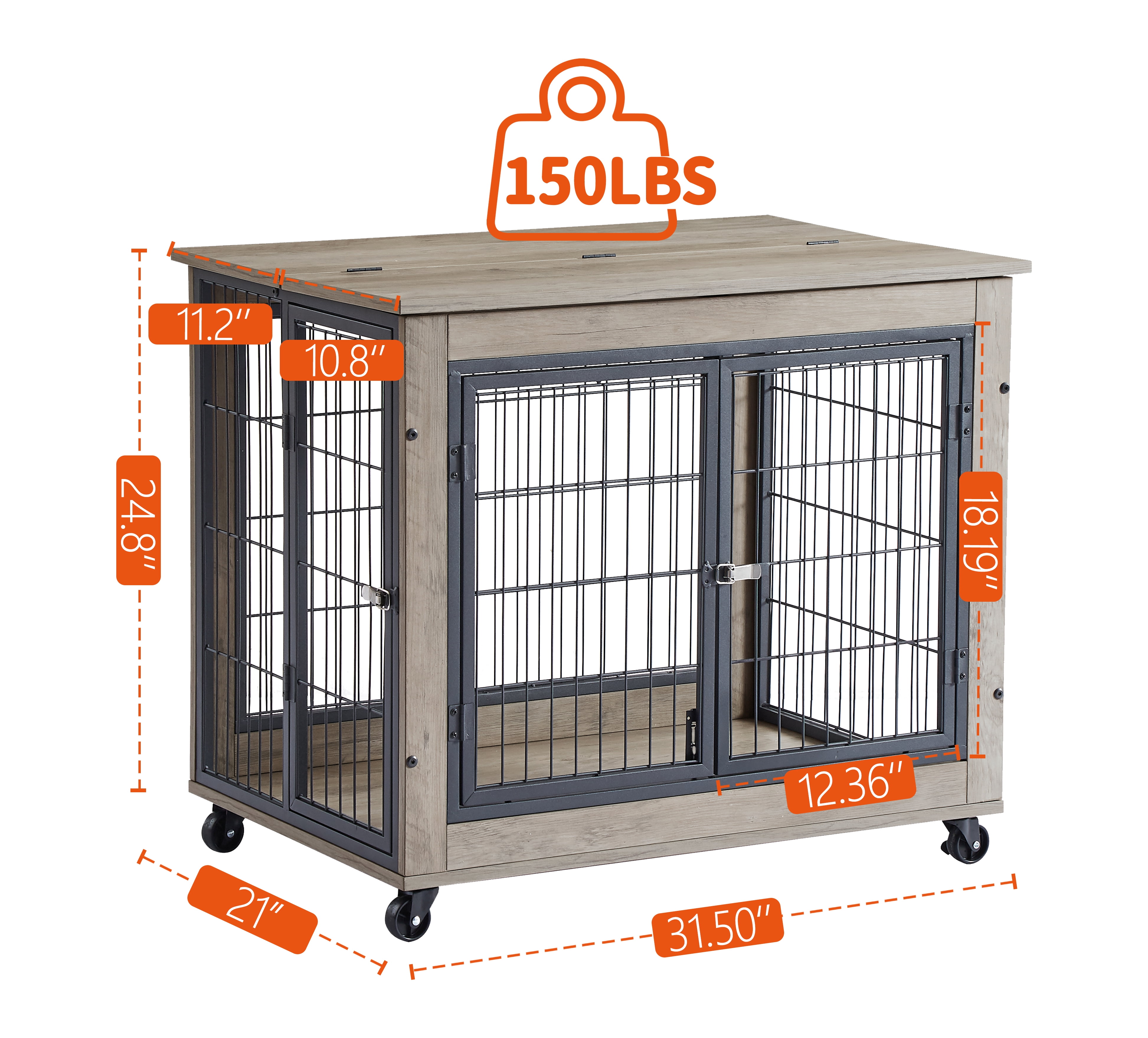 Syngar Dog Crate on Wheels, Wooden Dog Cage with Lockable Double Doors and Lift Top, Modern Home 2-in-1 Dog House End Table Furniture, Dog House for Small Sized Dogs, Gray, 31.5"L