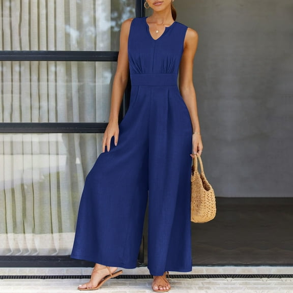 Womens Fashion Summer Solid Casual Sleeveless Suspender Long Jumpsuit