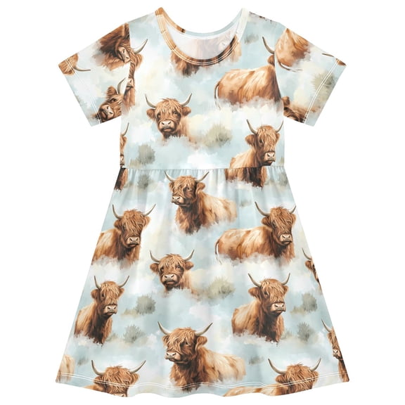 joogoo Highland Cattle Flower-w7 Girls' Short Sleeve Dress Kids Dresses 5-6T