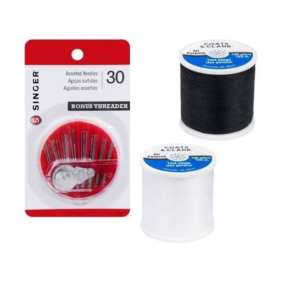 Coats & Clark 2 Pack - 1 Black and 1 White Dual Duty All Purpose Thread - 135 Yards Each Spool - Bundled with 30 Assorted Hand Needles and Needle Threader