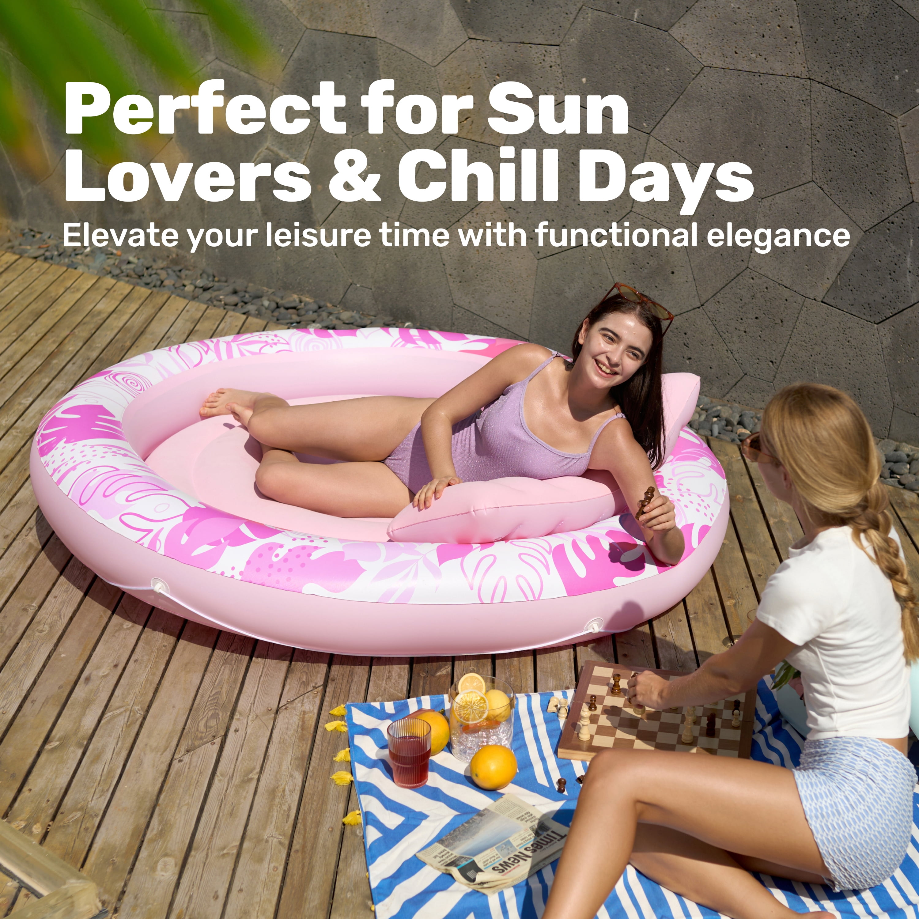 SLOOSH Inflatable Tanning Pool Lounger Float for Adults, 72" x 65" Large Suntan Tub Pool Floats Tanning Bed Blow up Pool Raft Lounge Floatie for Lake, Outdoor, Backyard, Swimming Pool