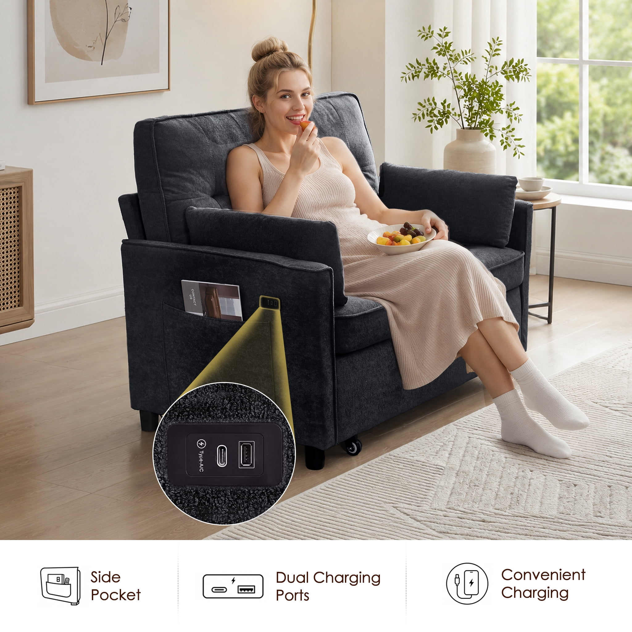 avobird 54'' 3 in 1 Pull Out Sofa Bed, Convertible Couch with Adjustable Backrest/Side Pockets/USB Charging Ports, Sleeper Sofa for Living Room, Black