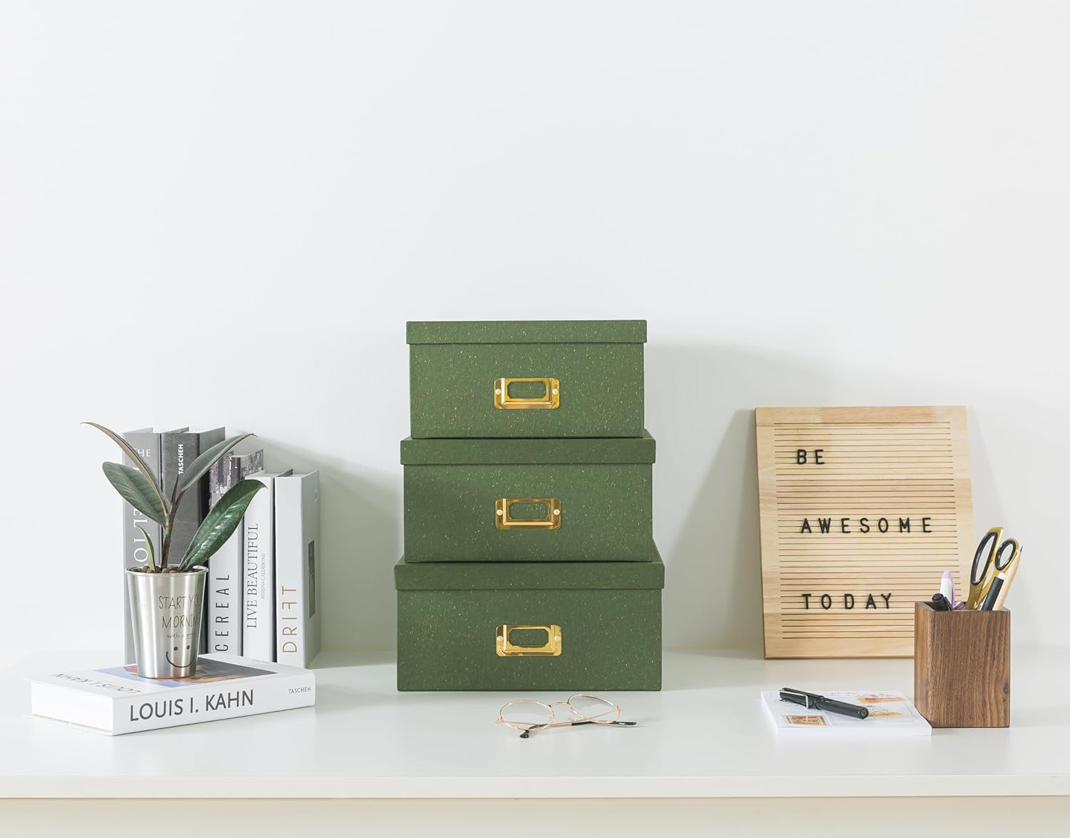 Square Stacking Boxes with Lids and Gold Label Holders, Decorative Photo Storage, Nesting Cardboard Set for Decor and Organizing