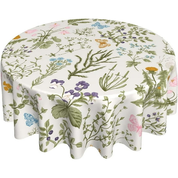Spring Tablecloth Round 60 Inch Watercolor Green Leaf Botanical Colorful Floral Butterfly Decorative Table Cloth with Wrinkle Resistant for Home Kitchen Dining Table Party Picnic