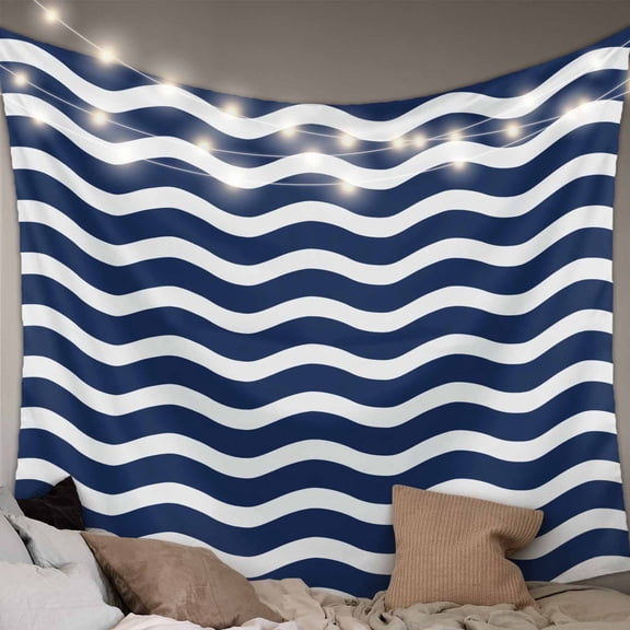 Navy Blue Moire Large Tapestry for Bedroom Wall Hanging Tapestry, Water Ripple Stripe Farmhouse Ceiling Backdrop Tapestries Poster Blanket Wall Decor for Teens Room Living Room Dorm 86" x 104"