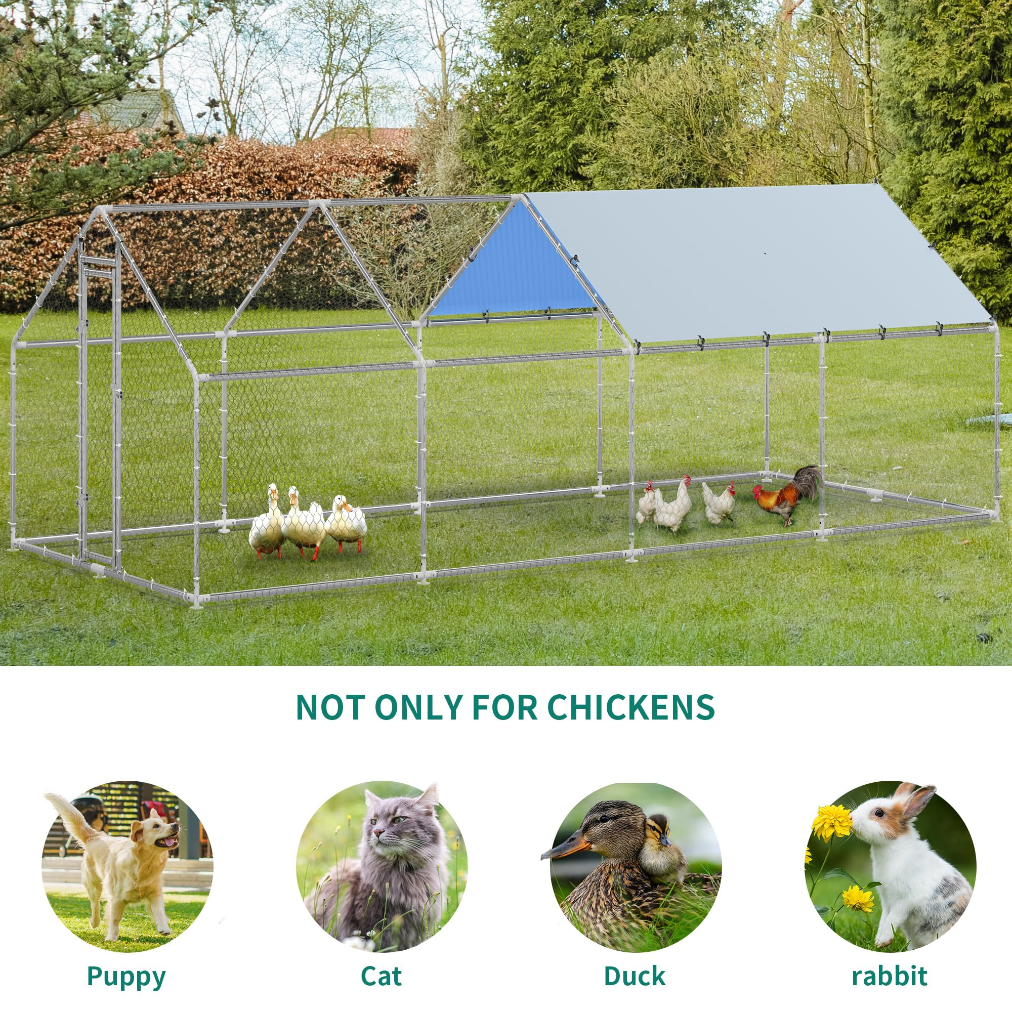 Aukfa Chicken Coop, 26 FT Large Metal Walk-in Chicken Run with Cover for Outdoor, Backyard, Farm