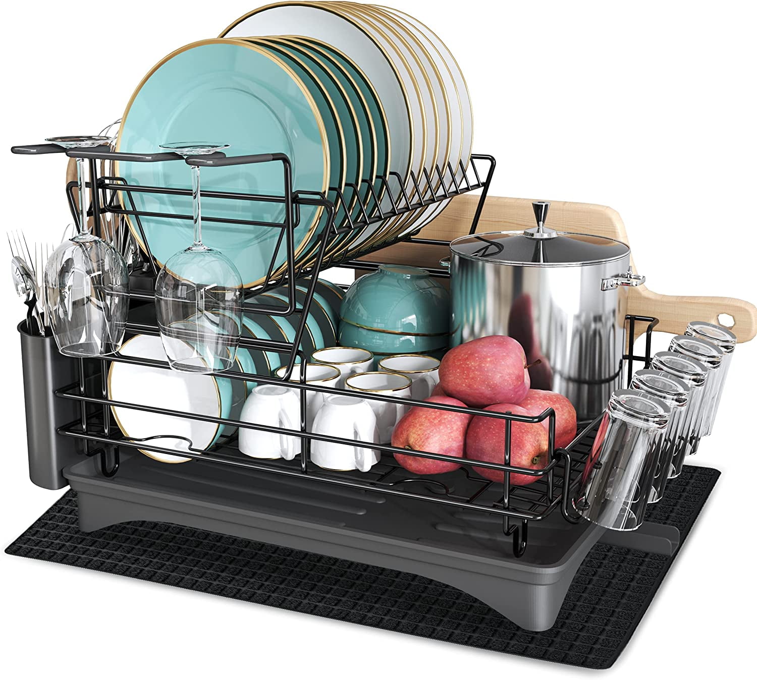 Dish Drying Rack - Expandable Dish Rack - Large Stainless Steel Dish Dryer  Racks for Kitchen Counter with Wine Glass Holder, Cutlery Holder, Black