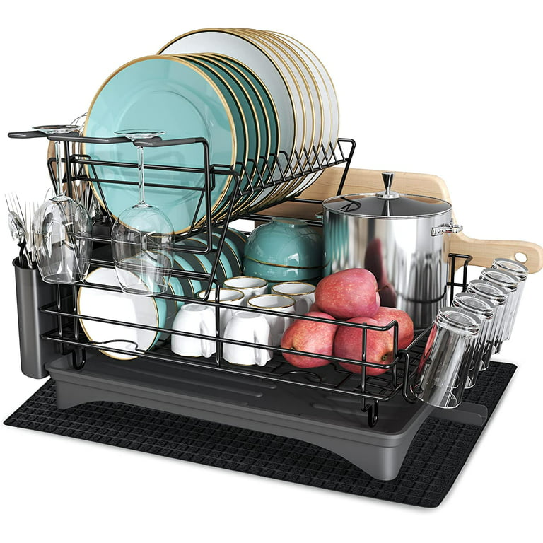 Large Dish Drying Rack with Drainboard Set, Qienrrae Stainless Steel 2 Tier  Black Dish Rack with Drainage for Kitchen Counter, Dish Drainers with Wine  Glass Holder, Utensil Holder and Extra Dryer Mat 