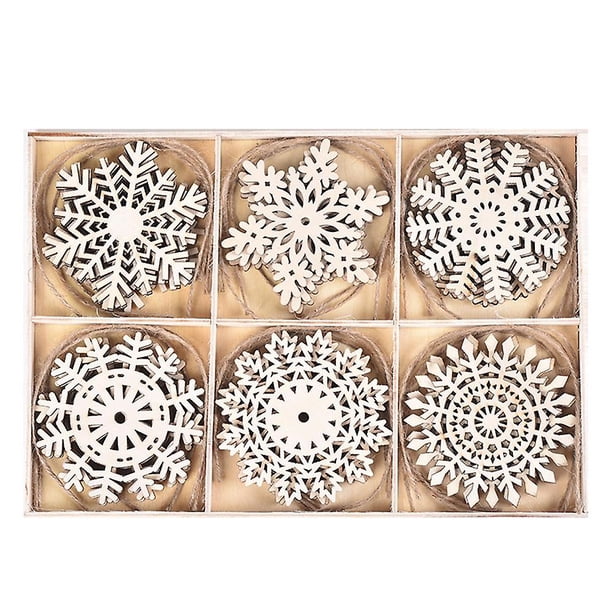 Adornos de copos de nieve de madera, decoraciones colgantes para árboles de Navidad, adornos rústicos, artesanías de madera