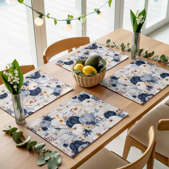 Thanksgiving Pumpkin Wood Grain Placemats Set of 4,Wipeable Washable Table Mats for Dining Tables, Fall Farm Flower Leaves Place Mats for Kitchen Event Party Tabletop Decor