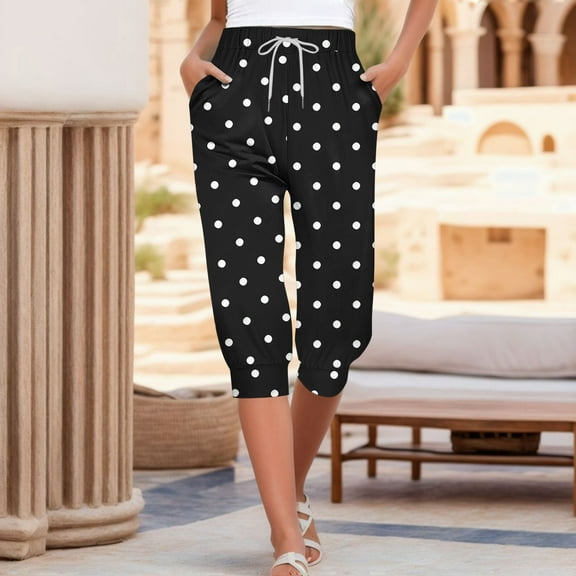 Sentmoon Sweatpants Women Loose Fit Wide Leg Elastic Waist Drawstring Capri Pants Polka Dot Print Side Pockets Baggy Trousers Casual Teen Girls for Summer Casual Hangouts Black L