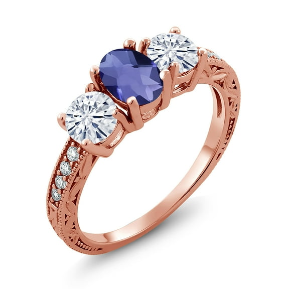 Gem Stone King 18K Rose Gold Plated Silver 3-Stone Ring Checkerboard Iolite Moissanite(1.77 Cttw) (Size 8)