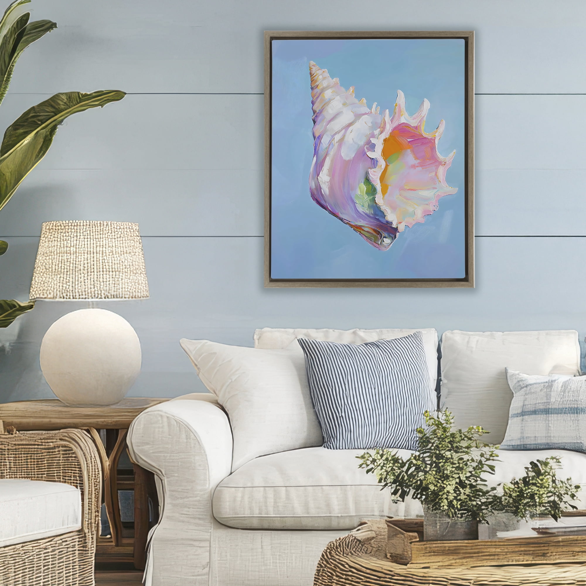 Stupell Industries Pastel Hued Conch on Blue Brown Framed Floater Canvas Wall Art, design by The Prints Vibe