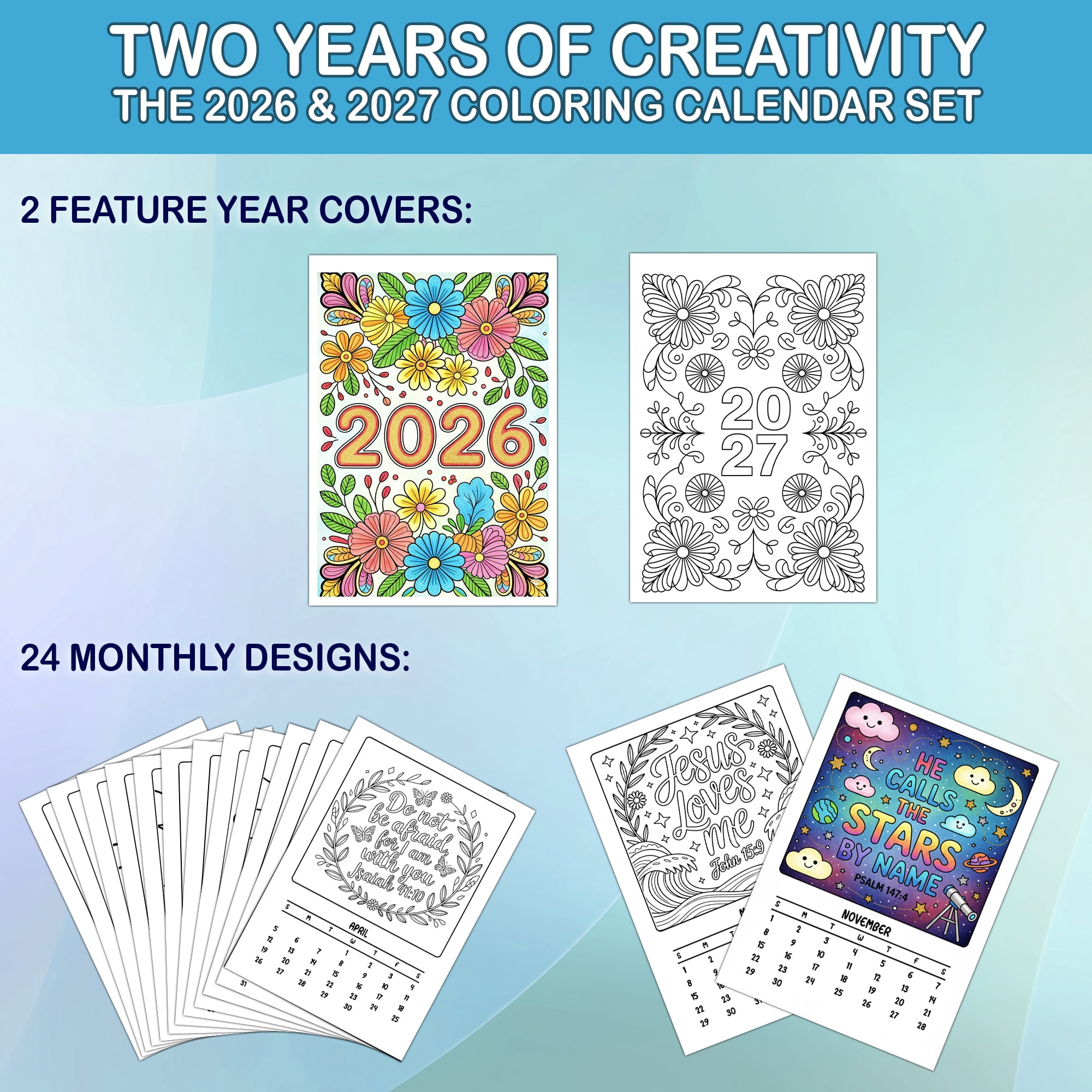 Bible verse Coloring Desk Calendar 2026–2027, A5 Wooden Cover Planner with 26 Easy Coloring Pages for Adult Relaxation, 24 Month Desktop Calendar with Stand, Gift for Family & Friends