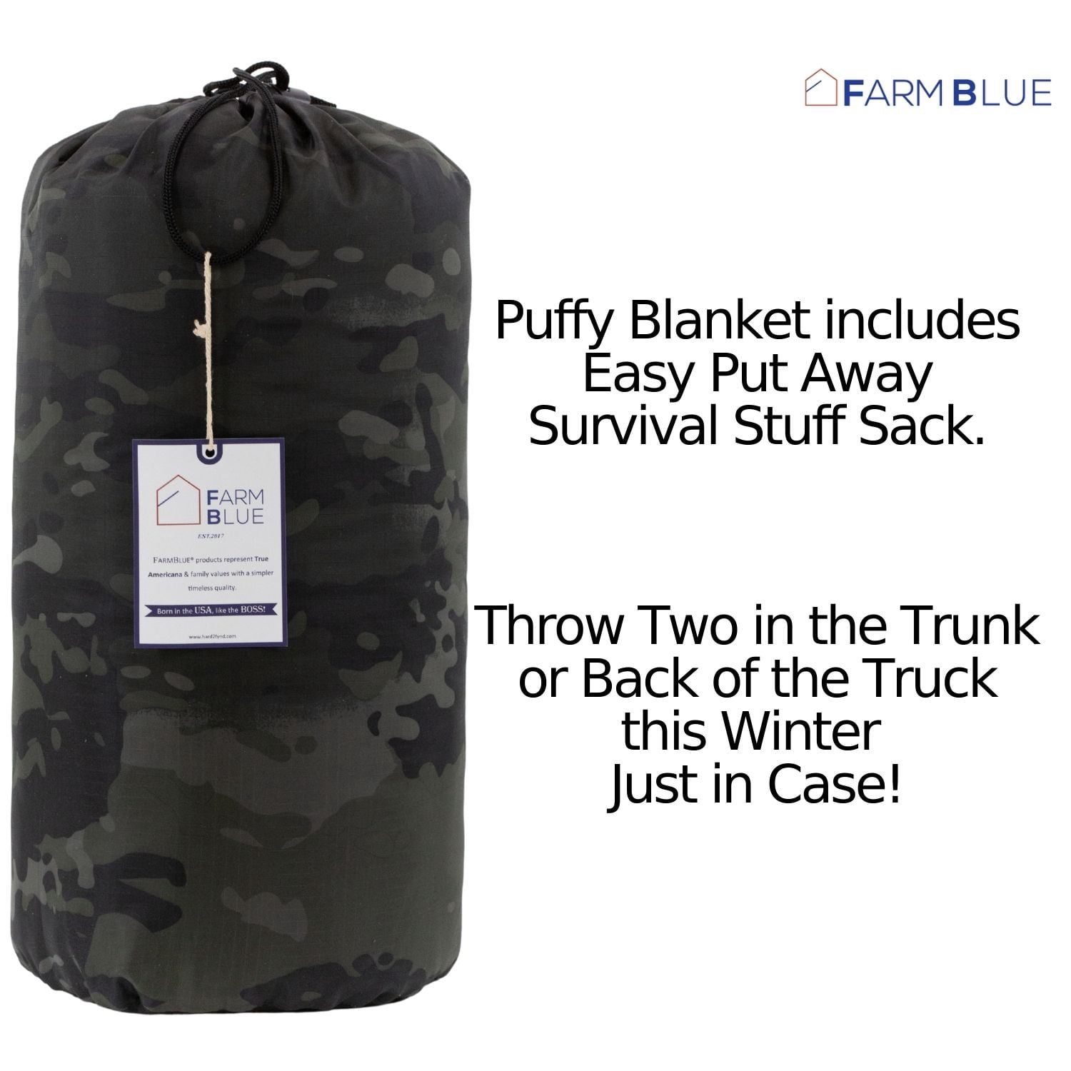 Farm Blue Camping Blankets - Light, Water-Resistant, Puffy, Travel Blanket -Camping Blanket for Hiking, Backpacking, Picnic, Beach, Car, and  Sports – 82” x 57” Survival Gear - Black Camo