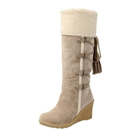 

Fesfesfes Snow Boot for Women Plush Lined High Boots Retro Below Knee Boots Lace Up Boots Casual Wedge Heel Plus Size Snow Boots 41(US:8.5)