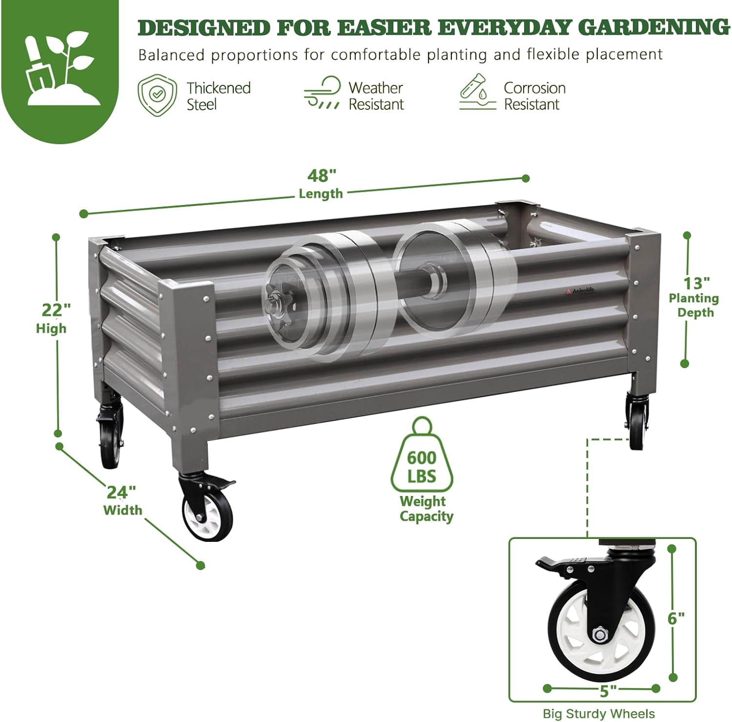 A ANLEOLIFE Low Profile Elevated Garden Bed 4ft x 2ft - 22in Raised Planter Box with Legs with Stainless Steel Casters, Extra Spacious for Balcony, Patio, 600lb Capacity, Quartz Grey