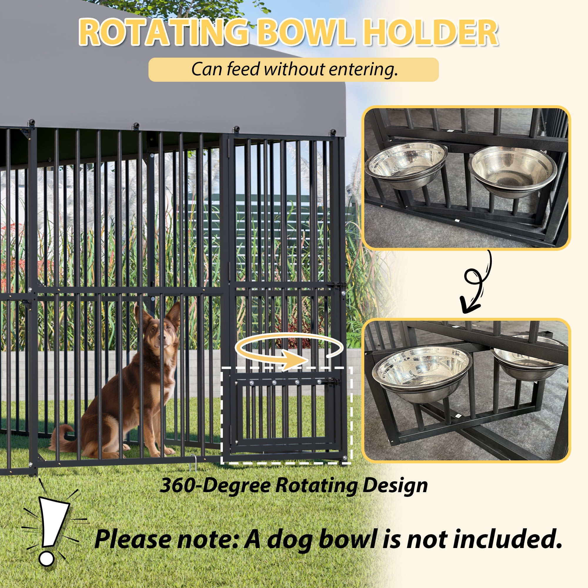 LZBEITEM 10x10ft Heavy Duty Outdoor Dog Kennel, Large Metal Dog Run Playpen with Waterproof UV-Resistant Cover & 360° Rotating Bowl Holder, Black