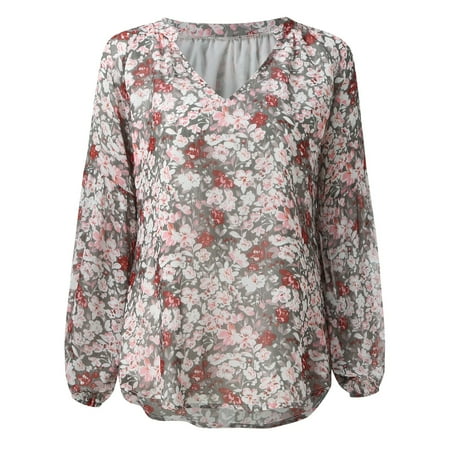 

ASEIDFNSA Womens Blouses And Tops Dressy Short Sleeve Nightshirt Women S Floral Chiffon Shirt Loose V Neck Long Sleeved Casual Top