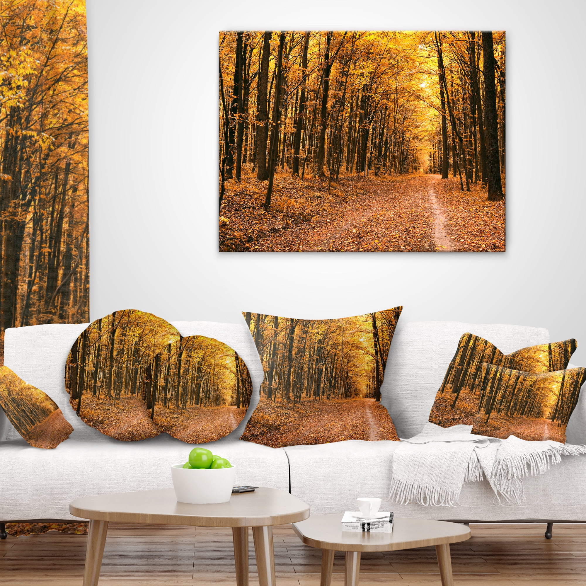 Designart Pathway in Yellow Autumn Forest - Forest Throw Pillow - 16x16